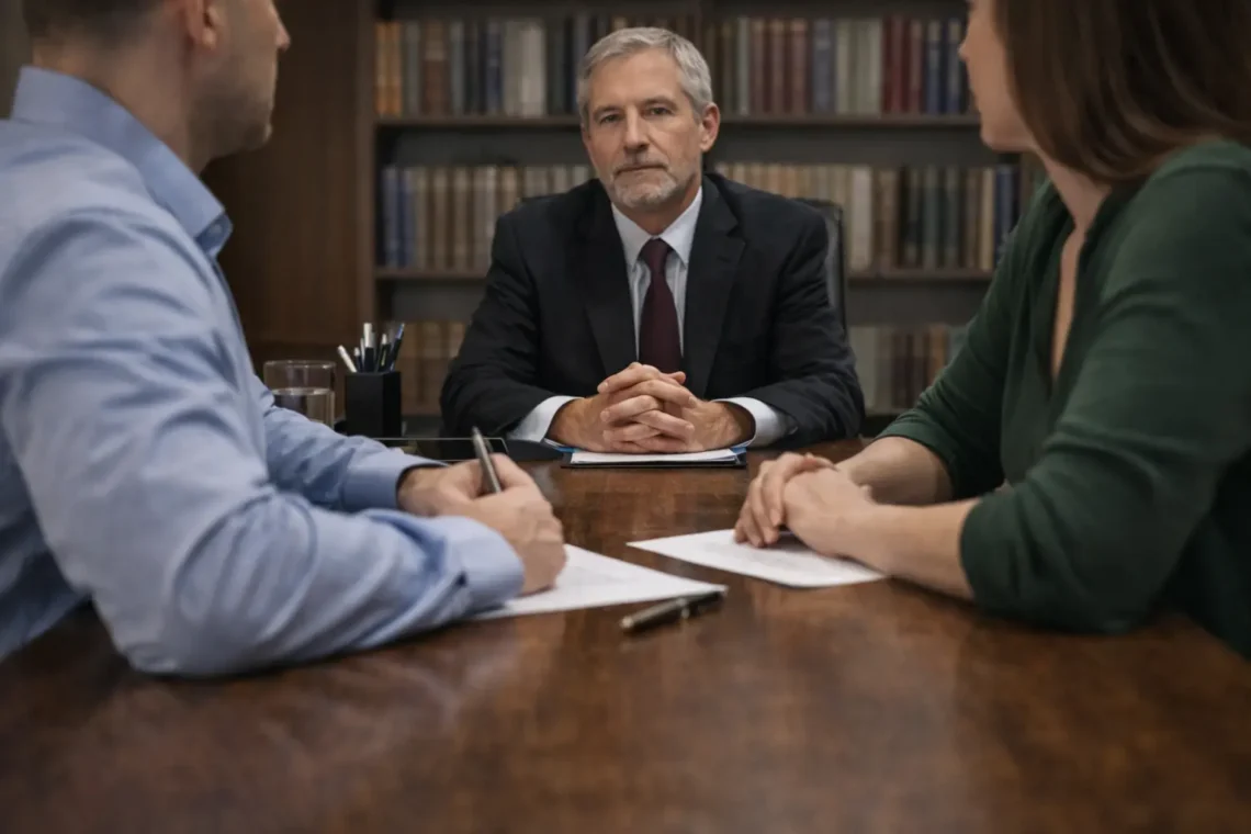 Couple in a divorce mediation session with a neutral mediator