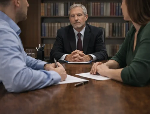 Couple in a divorce mediation session with a neutral mediator