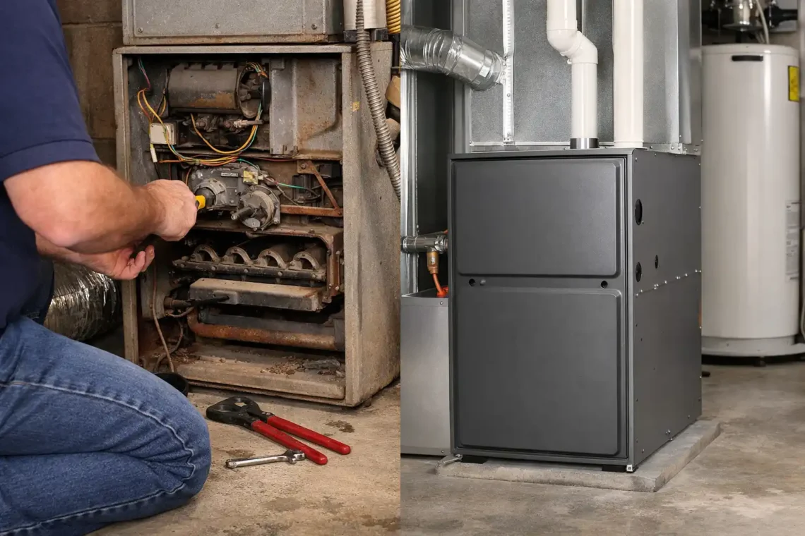 Technician comparing furnace repair and replacement options in a home