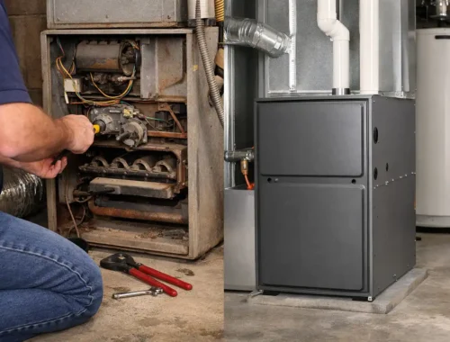 Technician comparing furnace repair and replacement options in a home