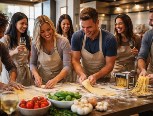 Guests enjoying a private cooking class for a group event in Philadelphia at La Cucina
