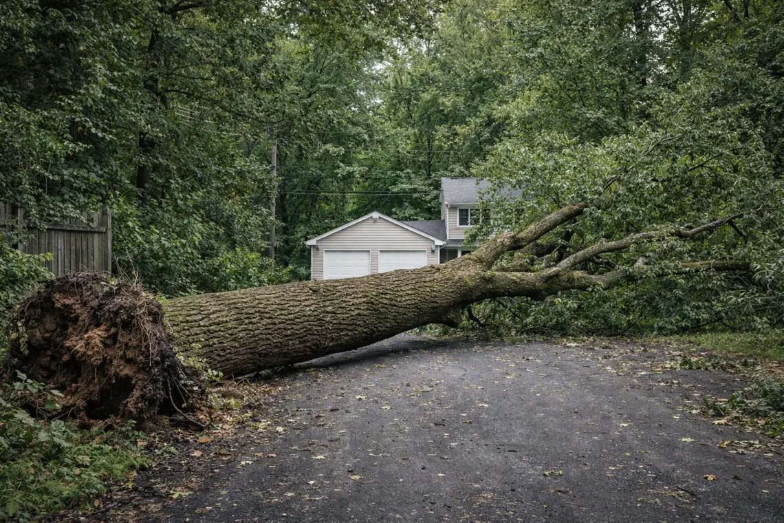 Large fallen tree blocking a residential driveway after a storm