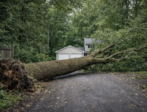 Large fallen tree blocking a residential driveway after a storm